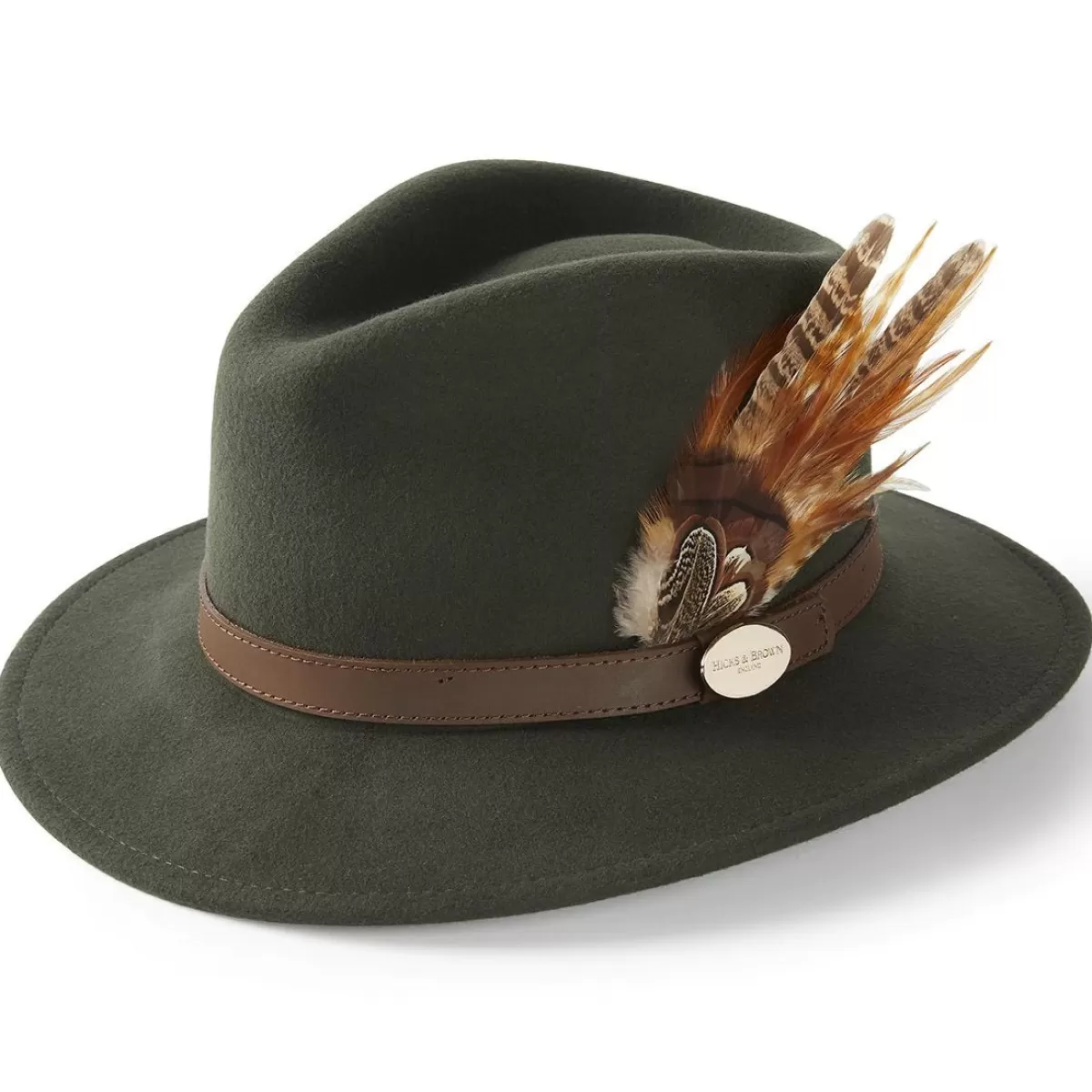 Clearance Hicks and Brown Hicks & Brown Ladies Suffolk Fedora Hat - Gamebird Feather Olive