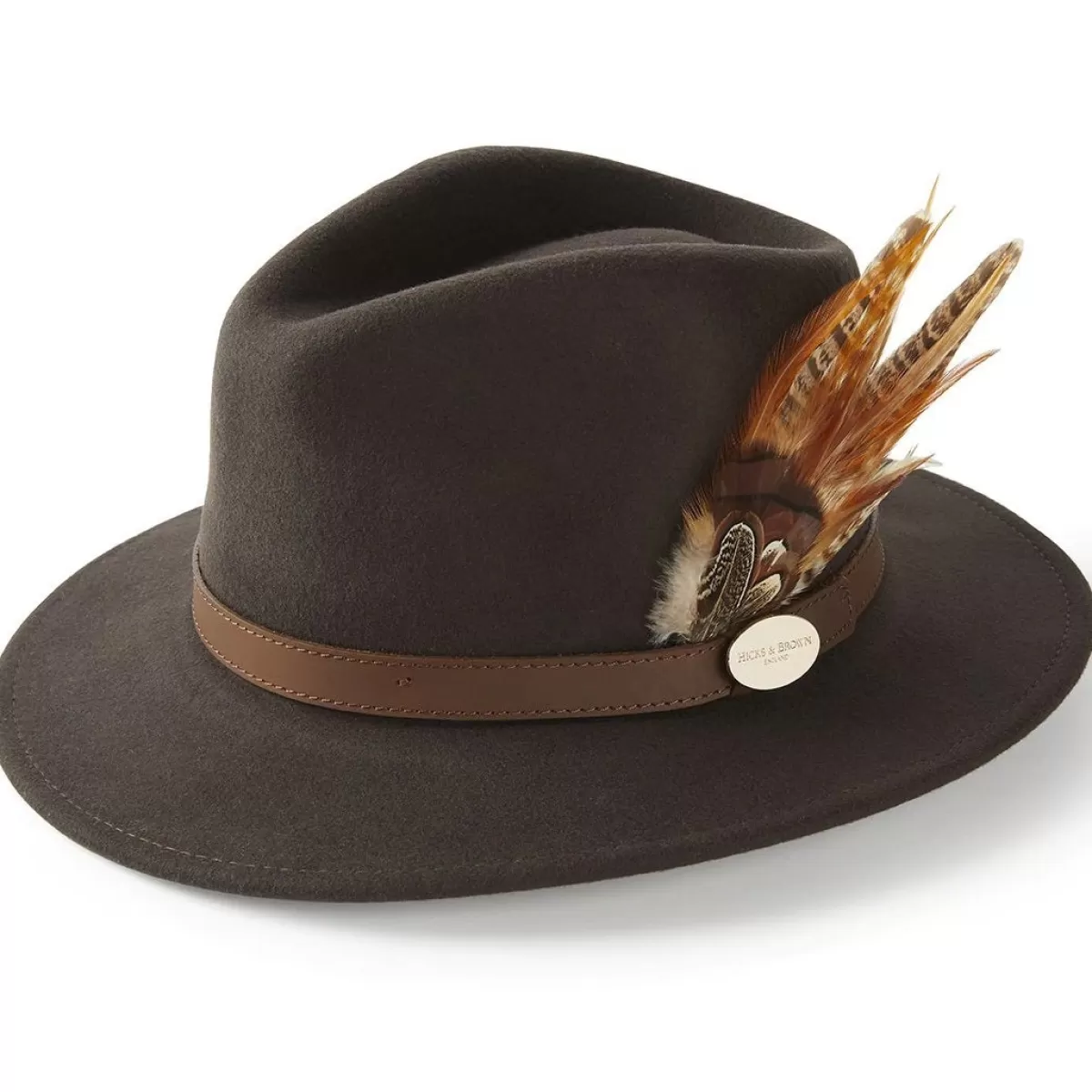 Cheap Hicks and Brown Hicks & Brown Ladies Suffolk Fedora Hat - Gamebird Feather Dark Brown