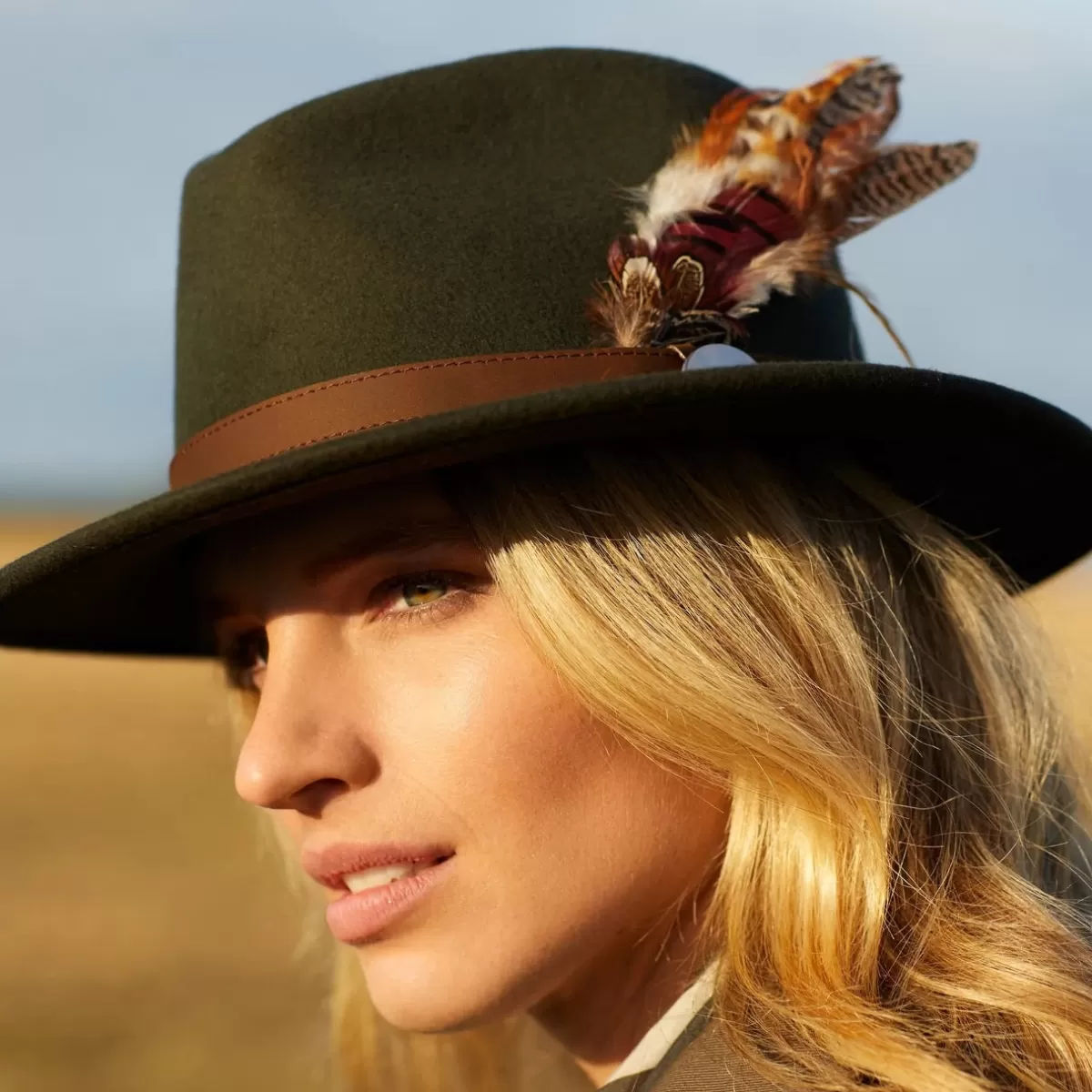 Clearance Hicks and Brown Hicks & Brown Ladies Suffolk Fedora Hat - Gamebird Feather Olive