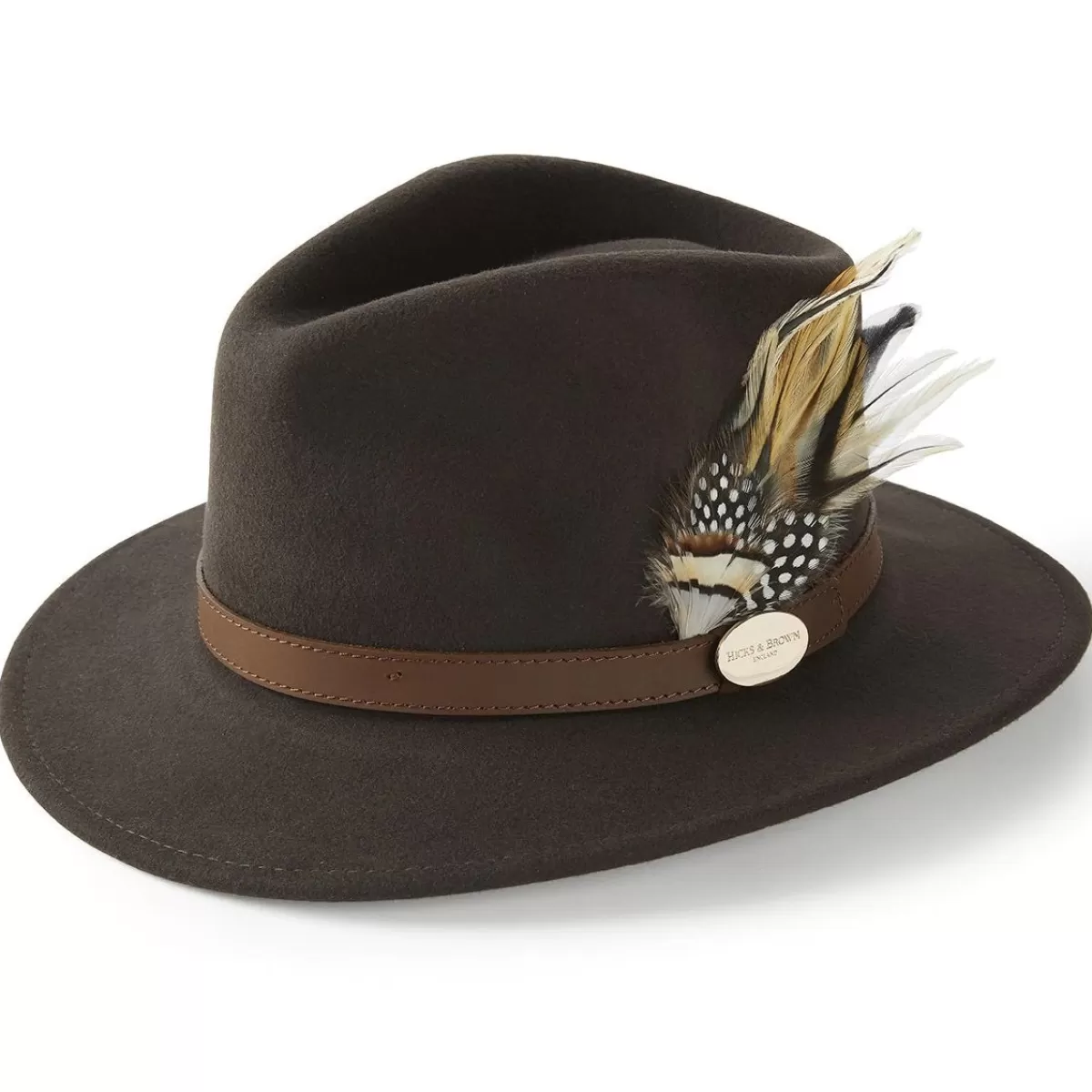 Outlet Hicks and Brown Hicks & Brown Ladies Suffolk Fedora Hat - Guinea And Pheasant Feather Dark Brown