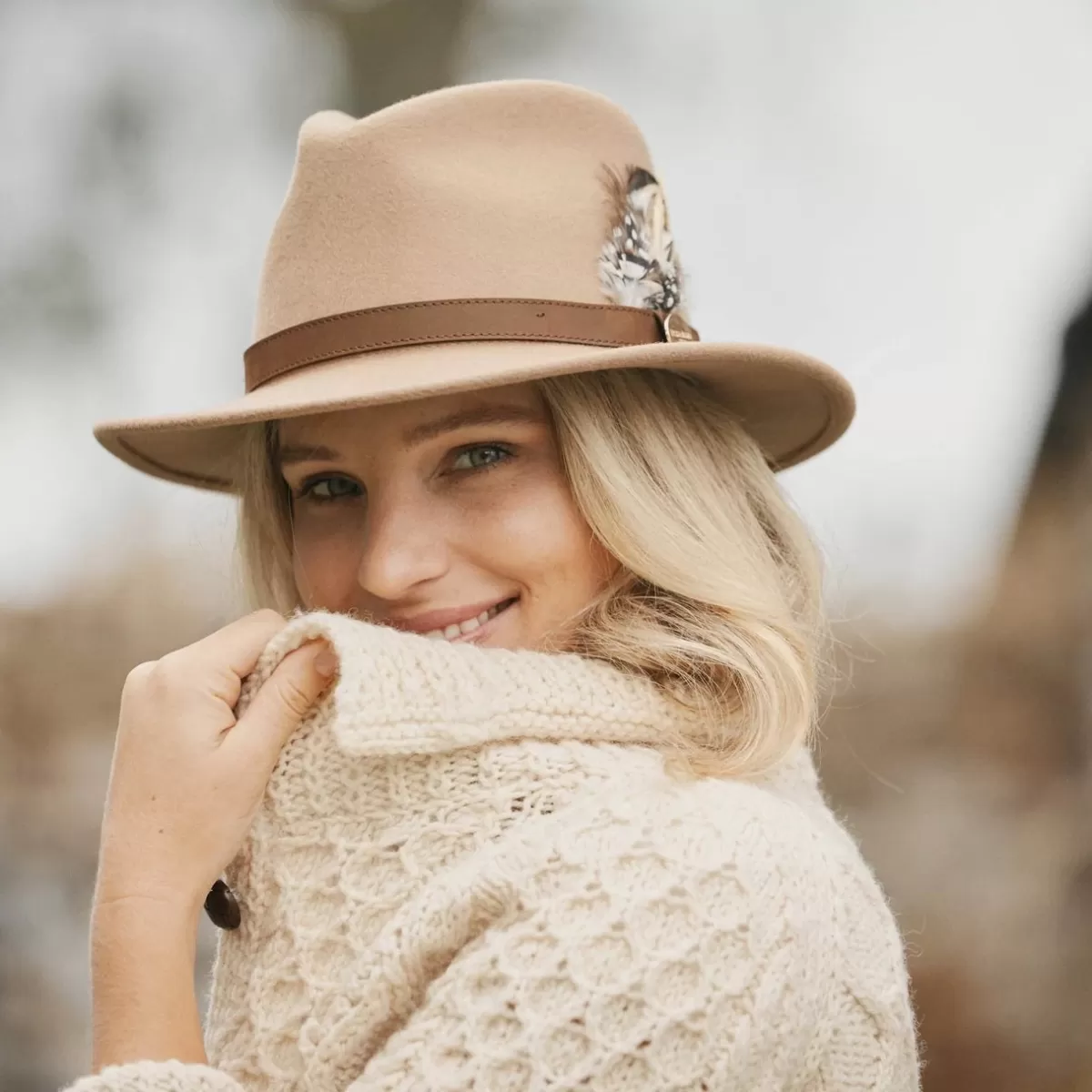Sale Hicks and Brown Hicks & Brown Ladies Suffolk Fedora Hat - Guinea And Pheasant Feather Camel